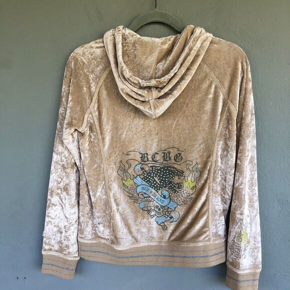 Vintage BCBG Max Azria Velour Hoodie Jacket Women M Gold Rhinestone Flames Y2K - Picture 7 of 10